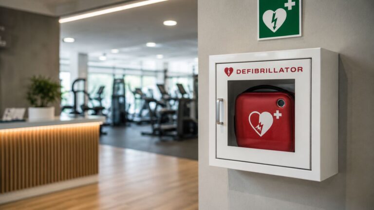 Defibrillator cabinet in a modern gym and leisure facility